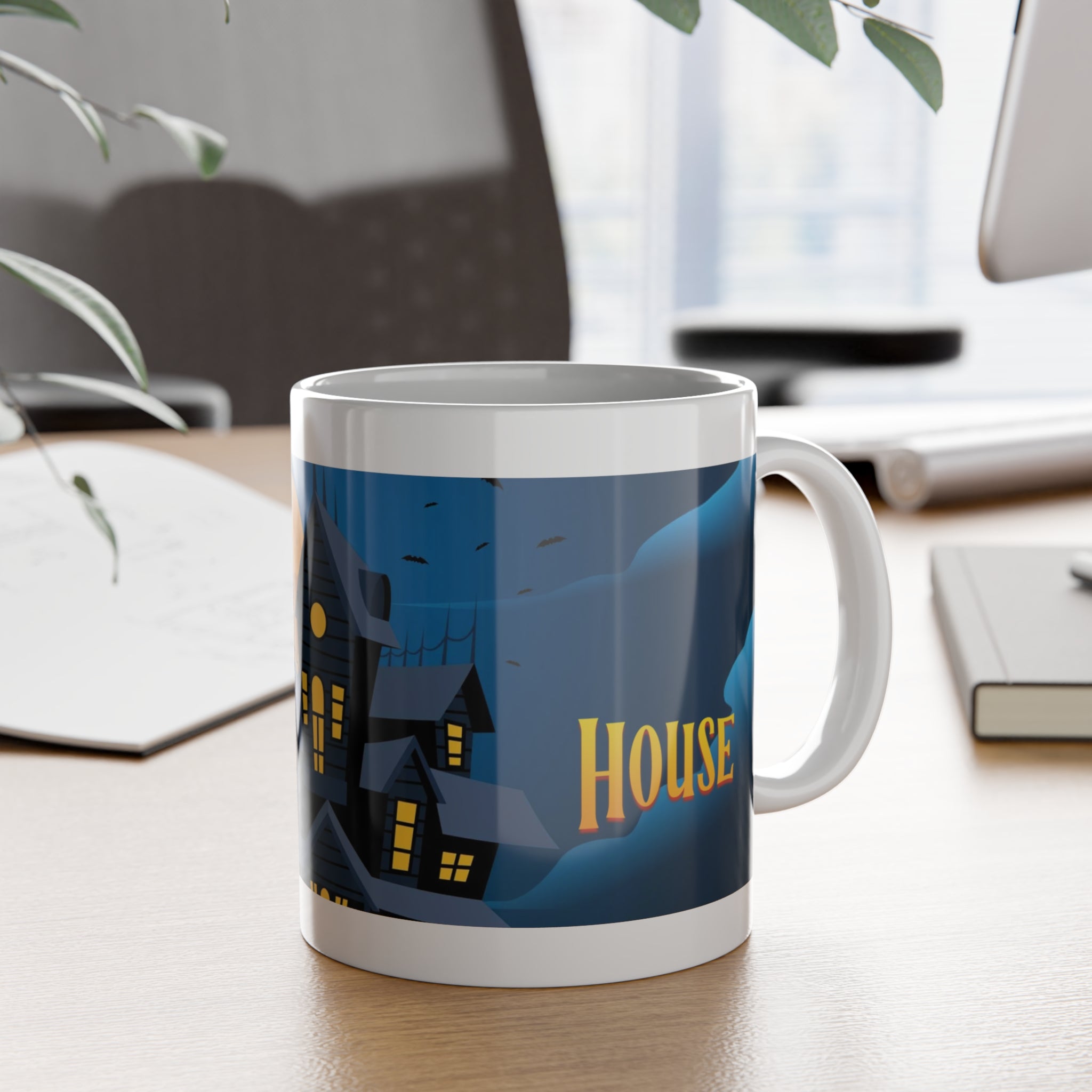 Haunted House Under Full Moon | Halloween Night with Bats | White Ceramic Mug